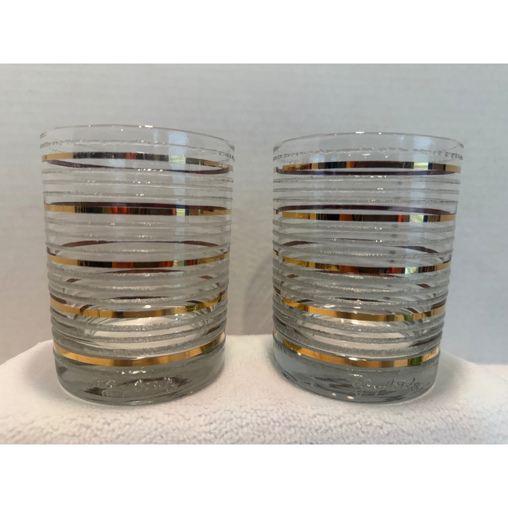Vtg Georges Briard Gold White Striped Lowball Glasses Rocks MCM Barware 2 Signed